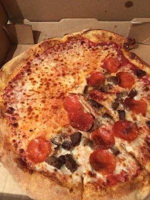 Half cheese and half pepperoni and meatballs. Yummy.