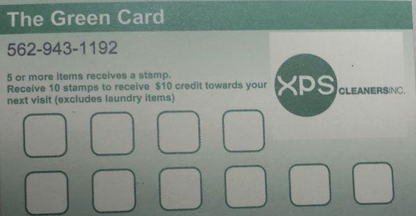 EXP cleaners. 5 or more items received a stamp. Get 10 stamps to receive $10 credit towards your next visit (exclusive laundry items)