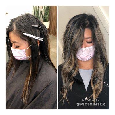 Balayage color highlights from back hair to cool blonde in same day.