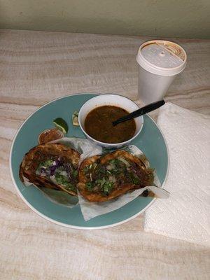 Birria tacos and consommé