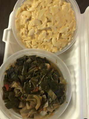 Mac & Cheese. Caribbean greens.