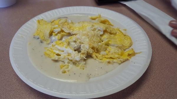 Biscuits and gravy with scrambled eggs