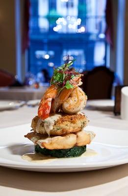 shrimp and crabcake stack at the Omni Royal Orleans Hotel