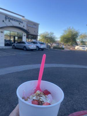 Coconut and strawberry. With cheesecake bits, peanut butter chips, yogurt chips, and a few slivered almonds. So good