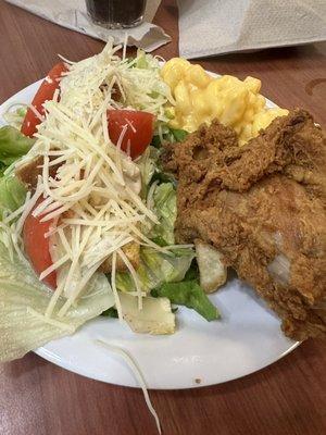 Salad and a decent piece of salty fried chicken