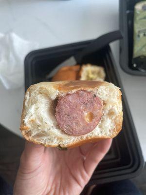 Inside view of Sausage, cheese, jalapeño Klobasneks