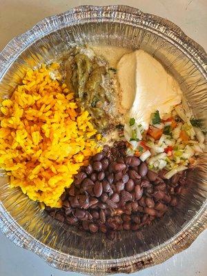 Beautiful rice and beans and guacamole and sour cream. All full of amazing taste