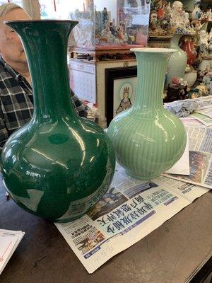 Beautiful celadon vases. One with crackle interior glaze