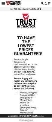 Tractor Supply price match policy - screenshot of web page