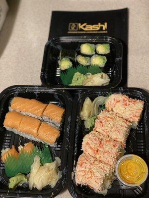 Avocado rolls (top), Philadelphia rolls and two smoked salmon sashimi rolls (left), American Rolls (right)