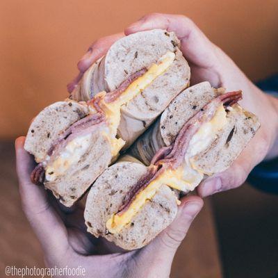 Bacon, egg, and cheese on marble rye bagel
 IG: @thephotographerfoodie