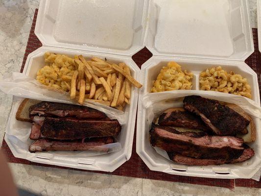 Rib dinner with fries and macaroni and cheese and a rib dinner with double macaroni and cheese.  It was flavorful and the meat was tender.