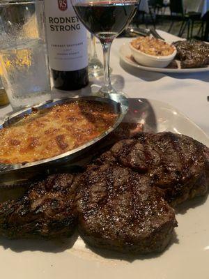 Ribeye steak, Au gratin potatoes. They have byob service for $15.