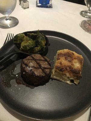 Filet, Dauphinoise potatoes, and Brussel sprouts