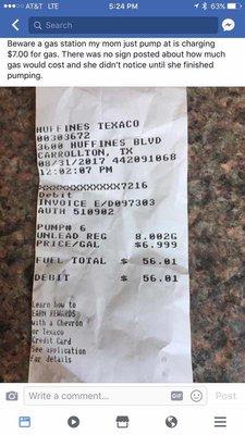 Receipt for gas at $6.99/gallon!