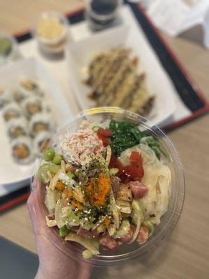 Small poke bowl with one scoop of tuna and one scoop of salmon