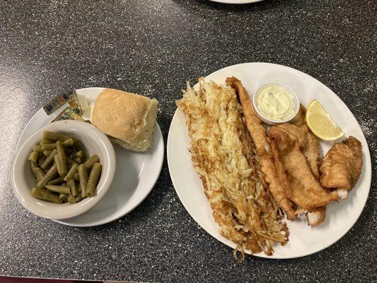 Fried White Fish Special with Hash-browns, Beans, and Roll