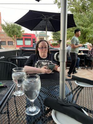 Tammy enjoying the nice weather on the patio of the best bbq in Oklahoma