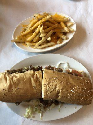 Roast beef poor boy and cheese fries.