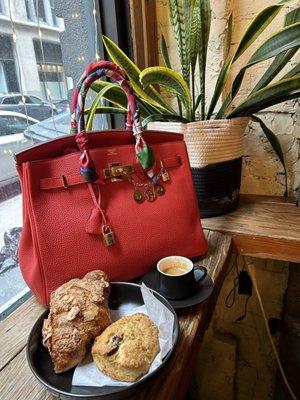 Almond Croissant Cranberry Scone and Cappuccino