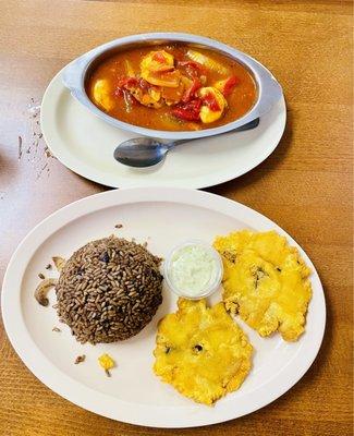 Shrimp in devil sauce (spicy tomato sauce) black bean rice (Moro) fried green plantains