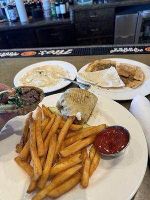 Special of day Beef kabob wrap, fries, hummus and pita