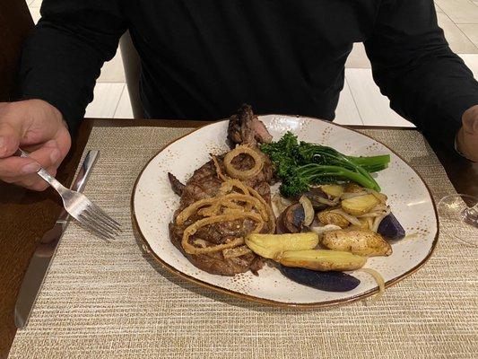 Ribeye with grilled onions, fingerling potatoes, and broccolini. The Mr said it was cooked perfectly.