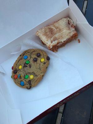 pumpkin cheesecake brownie and an m&m cookie