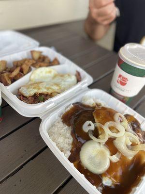 Loco moco with rice and corned beef hash with country potatoes.  Breakfast, visit #3 & getting our loco moco fix ^_^.