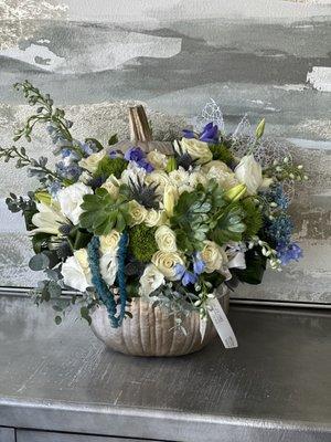 White and blue pumpkin arrangement