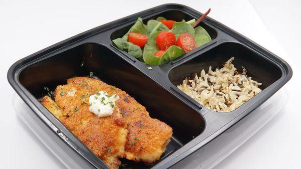 Crusted fish with spinach salad and wild rice