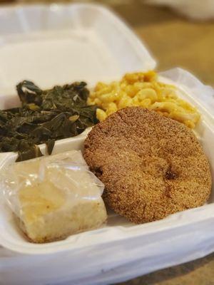 Salmon croquette, cornbread, greens & mac n cheese.