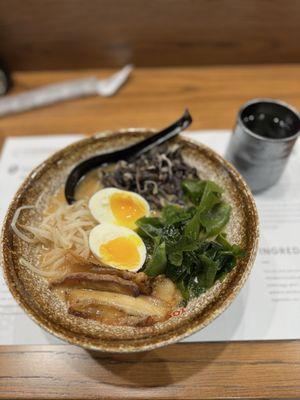 Tonkatsu Miso ramen with pork chashu, flavored egg, wood ear mushrooms, bean sprouts and wakame.