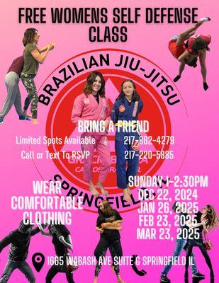 Free Women's Self Defense Class!
Sunday 1-2:30PM
Dec 22, 2024 
Jan 26, 2025
Feb 23, 2025
March 23, 2025