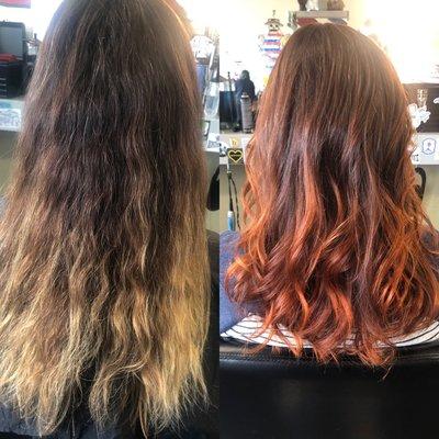 Before and after vibrant copper color with a cut and style