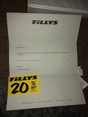 Tillys didn't even bother to send me an apology letter or anything .