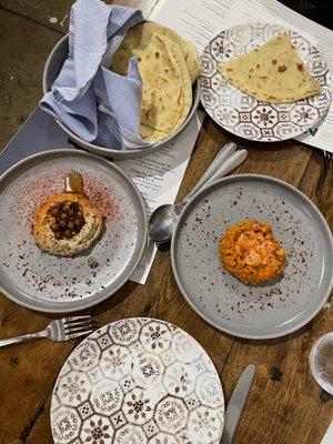 Meze spreads- hummus on the left and Turkish carrot on the right. Both were excellent.