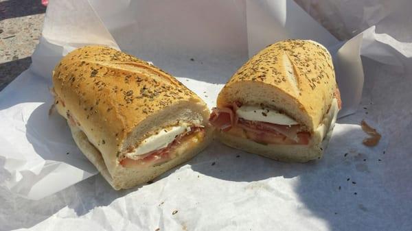 Prosciutto caprese sub on a herb sub roll. Absolutely delicious!