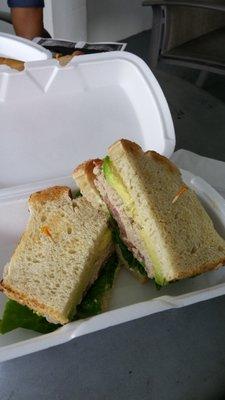 Tuna salad on Sourdough with avocado. Sooo good.