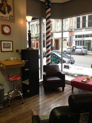 Haircuts, straight razor shaves, and shoeshines. 
 Convenient, consistent, quality.