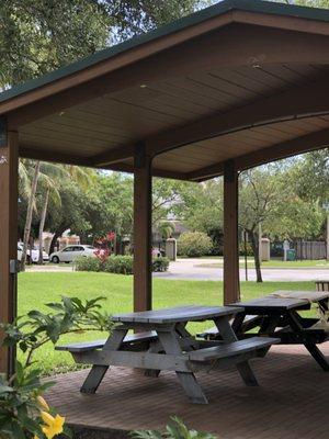 Picnic pavilion with the sleeping homeless cropped out.