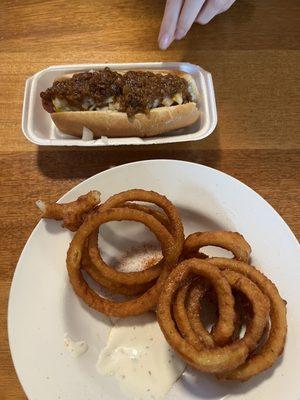 Hotdog and onion rings