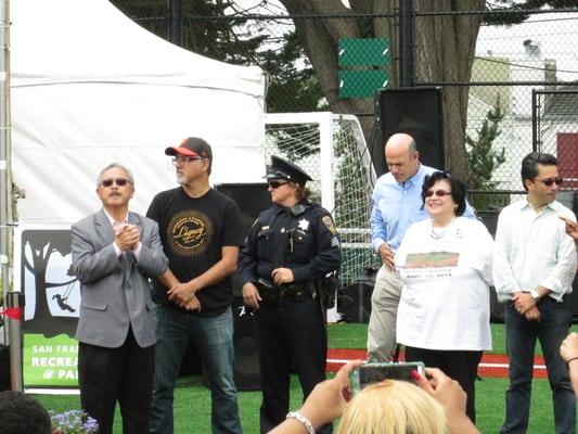 Mayor Edwin M. Lee, Supervisor John Avalos of District 11, and OMI community organizer Mary Harris at the grand reopening.