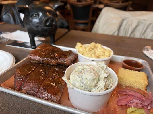 1/2 rack ribs with potato salad and mac and cheese