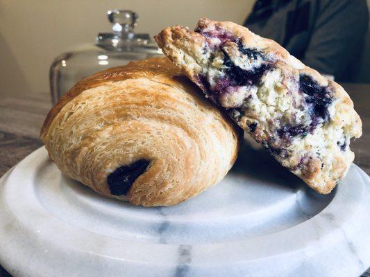 Pain au chocolat and blueberry scone.