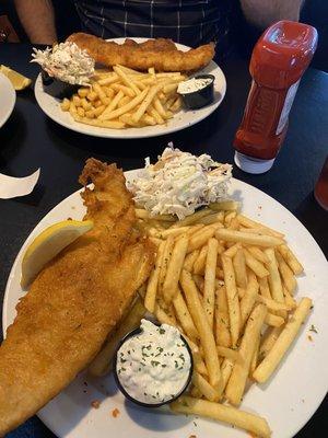 Fish (Haddock) & Chips (fries) with cole slaw and tarter.