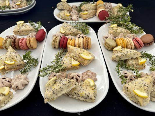 Tea party: macarons, chocolate meringues & lemon poppyseed scones