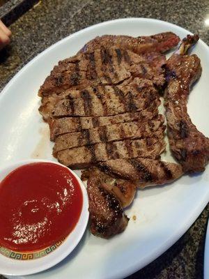 The steak was awesome very flavorful and cooked perfectly.