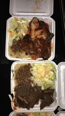 Jerk chicken dinner and steak dinner