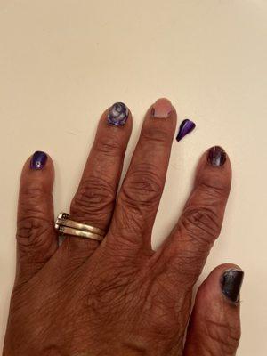 Gel manicure the next day, polished peeled off and my mother painted her thumb and index finger with regular polish so that it blended